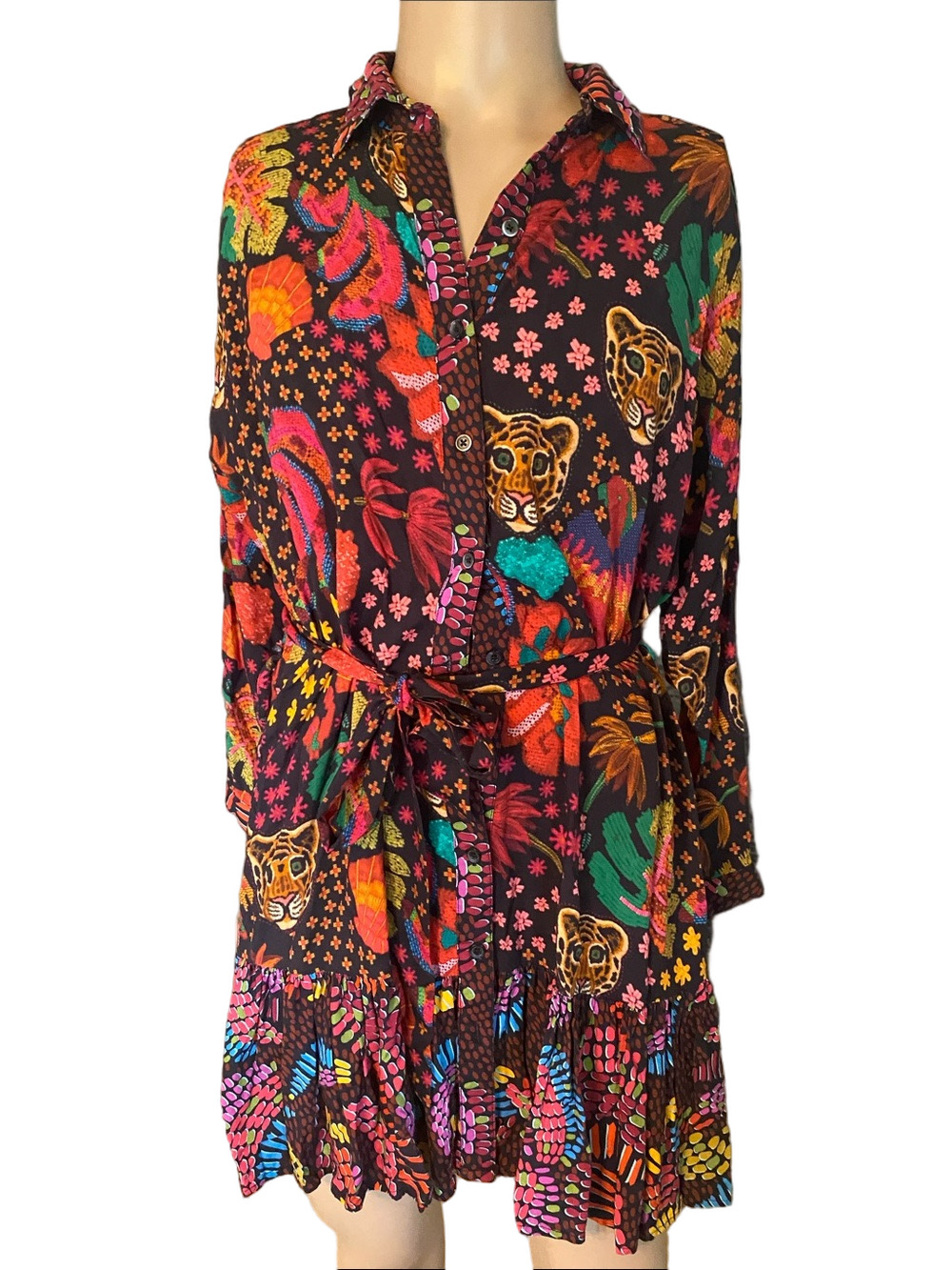 Uncle Frank Black Multi-Color Long-Sleeve Shirt Dress Gb2